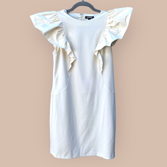 NWT Express Cream Dramatic Ruffle Sleeve Lined Sheath Dress, Bridal Show… - Picture 2 of 9